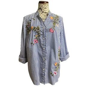 Charter Club Women's Embroidered Floral Button Down Shirt blue white striped XL